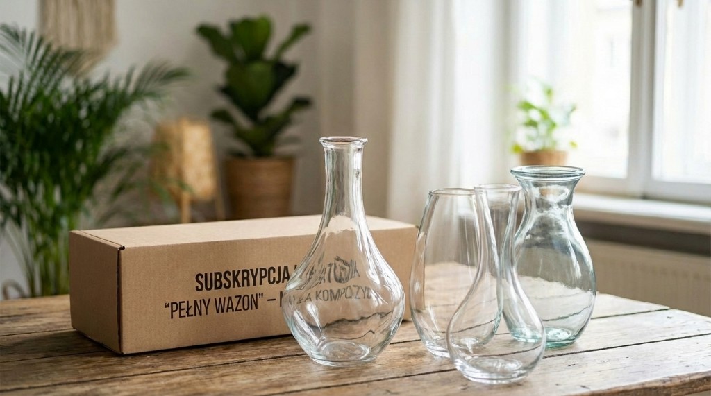 Szklane wazony i pudełko subskrypcji Pełny Wazon na drewnianym stole